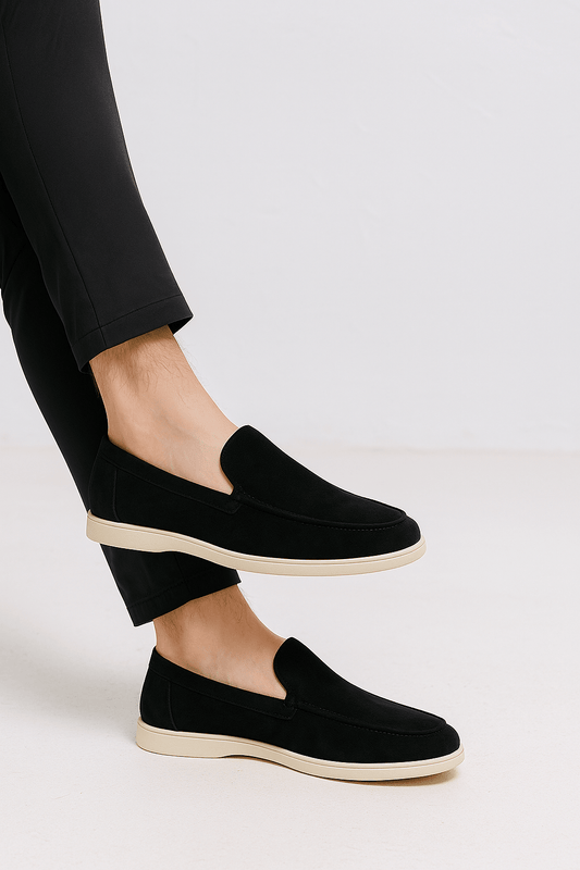Beige Rue Black Suede Slip-On Moccasins