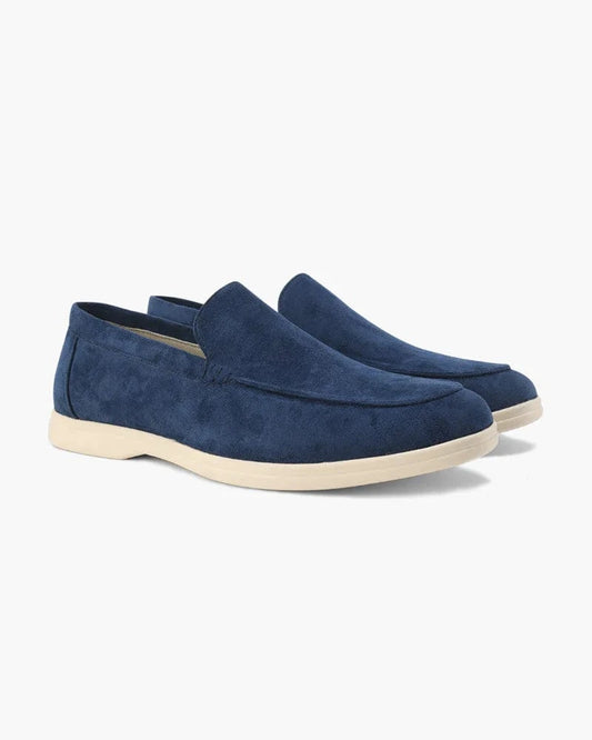 Beige Rue Navy Suede Slip-On Moccasins